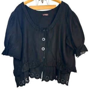 Talia Benson Italy Linen Ruffled Tunic Black Button Down Lagenlook Blouse Sz: M
